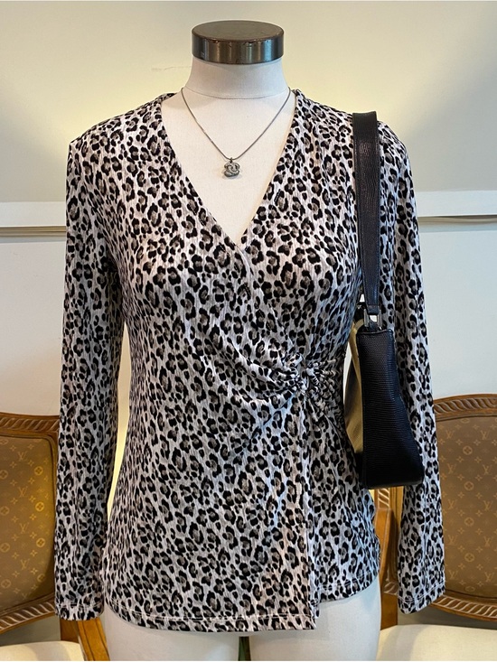 Tahari Tops - Tahari Leopard Print Wrap-Style Long Sleeve Top - Black & White, Women's Small